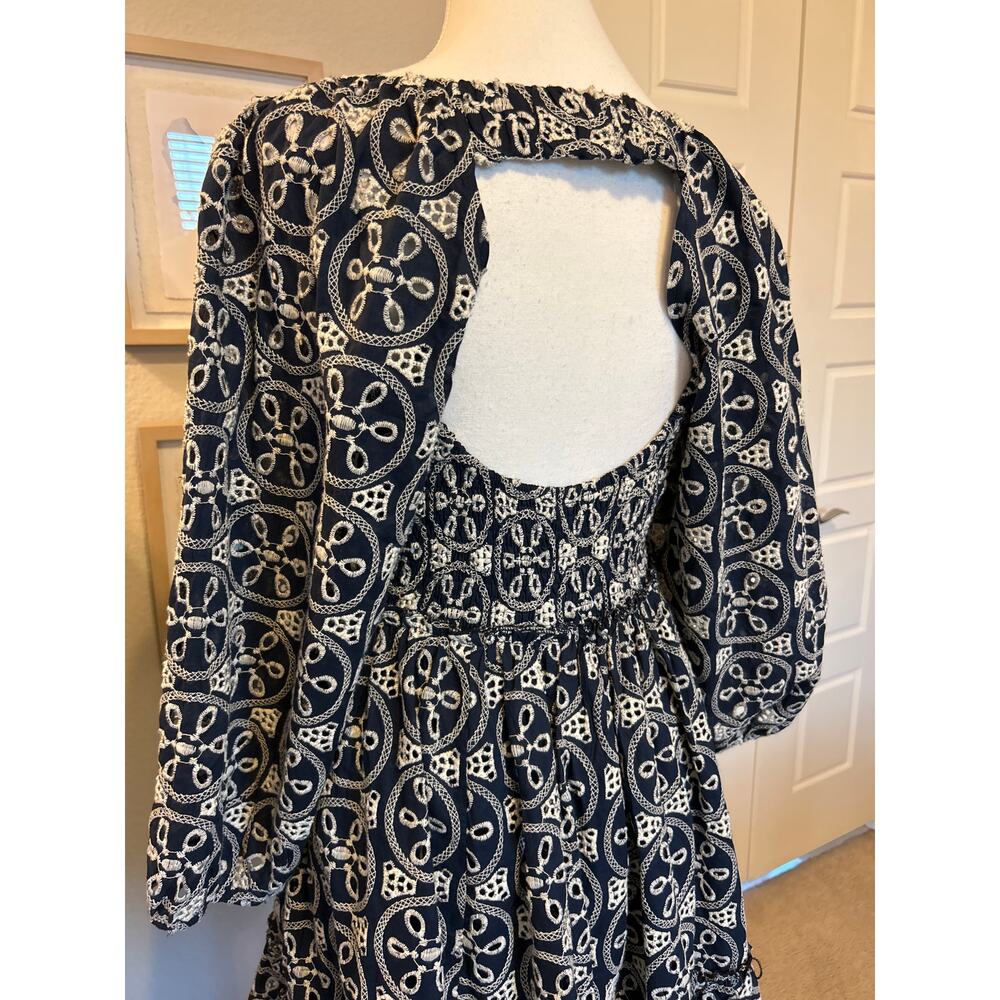 Lucca | 100% Cotton Navy/White Eyelit Babydoll Back Cutout Half Sleeve Dress | M - Picture 11 of 15